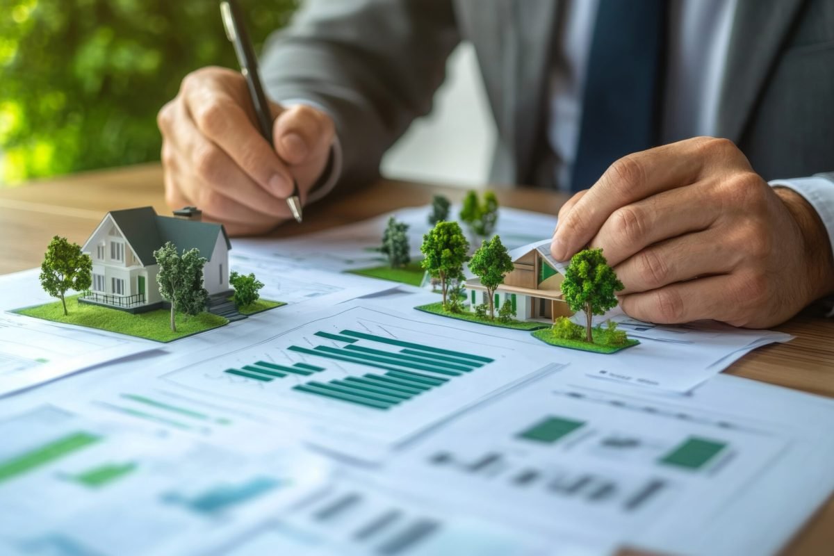 Businessman analyzes ESG data. Financial charts, diagrams with green graphs, toy trees on table. CO2 emissions reduction. CSRD reporting. Responsible business practices, sustainability audit.